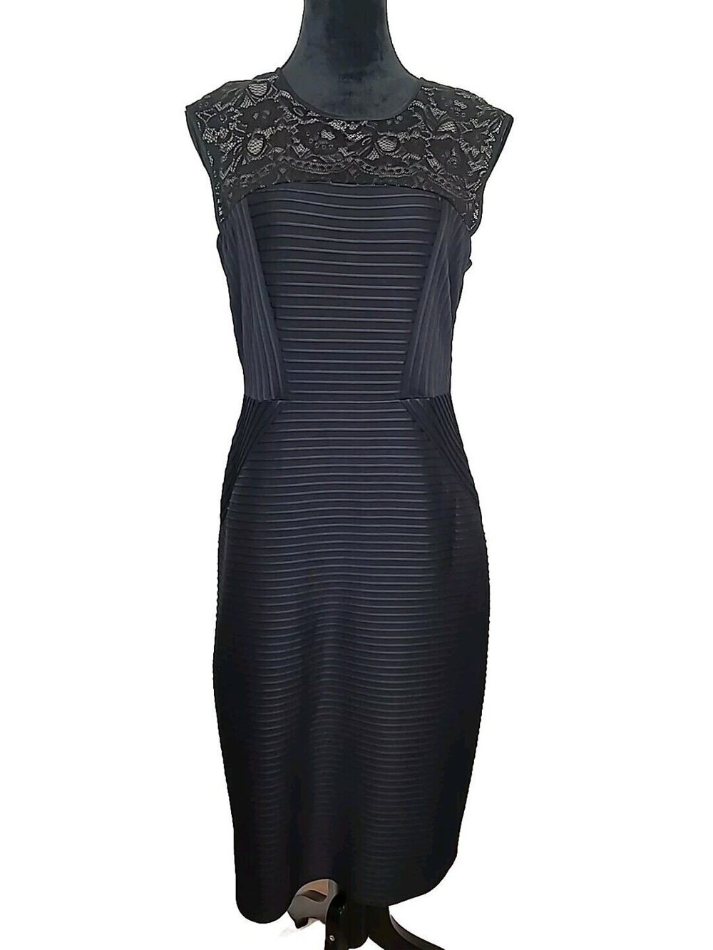 London Times Black Lace Ribbed Sleeveless Dress Size 12 Very Elegant NWT